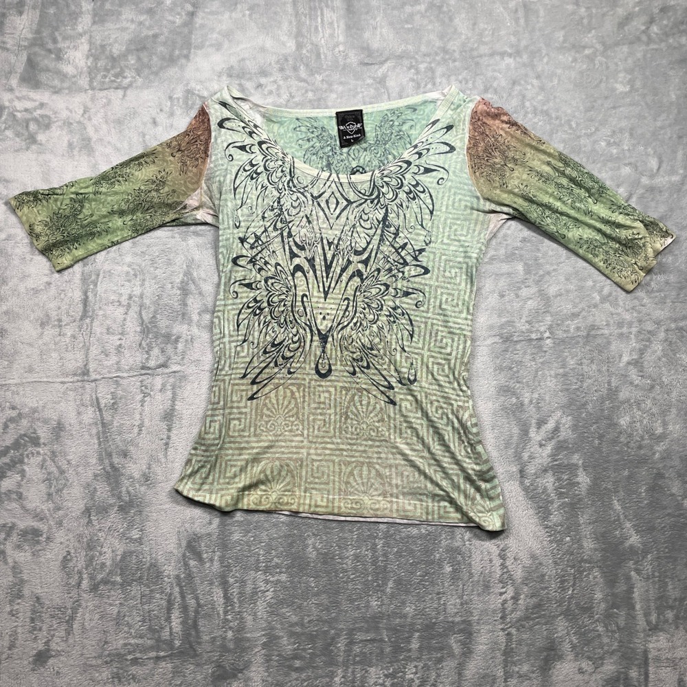 Sledge USA Womens Graphic Print Embellished 3/4 Sleeve Top Shirt Made in USA L
